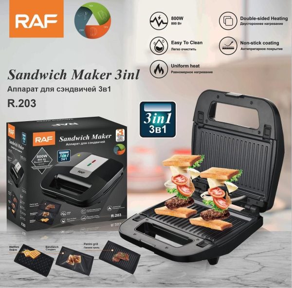 RAF 3-in-1 Electric Sandwich Maker - Panini Press, Grill, and Waffle Maker